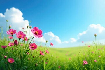 Aubrieta flowers in the grass against bright blue sky, landscape, aubrieta, peaceful