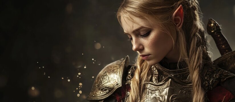 Female elf warrior in medieval armor with a contemplative expression and space for customizable text in a fantasy setting
