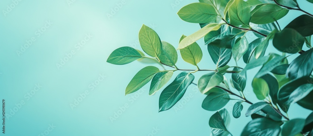Poster lush green foliage against a soft blue background creating an inviting space for text or branding el