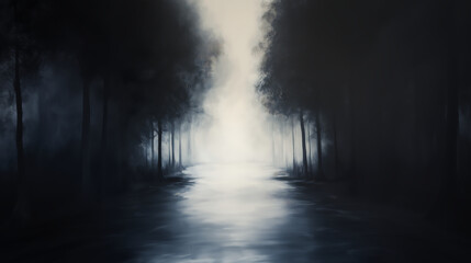 Fototapeta premium A serene dark forest landscape with mist drifting over a still river, creating an atmosphere of mystery and tranquility. The interplay of light and shadow adds depth to the scene.