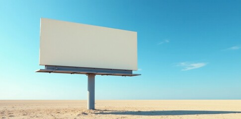 Blank billboard standing alone in a vast desert under a clear sky, a symbol of potential and opportunity for future advertisement and branding campaigns.