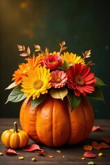 Autumnal flower arrangement in a pumpkin shell, autumn, pumpkins