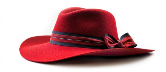 Stylish red hat featuring a striped ribbon elegantly isolated on a clean white background for fashion and accessory themes