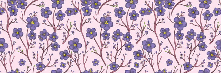 Repeating pattern of small, stylized blue flowers with brown stems and leaves against a light pink background.