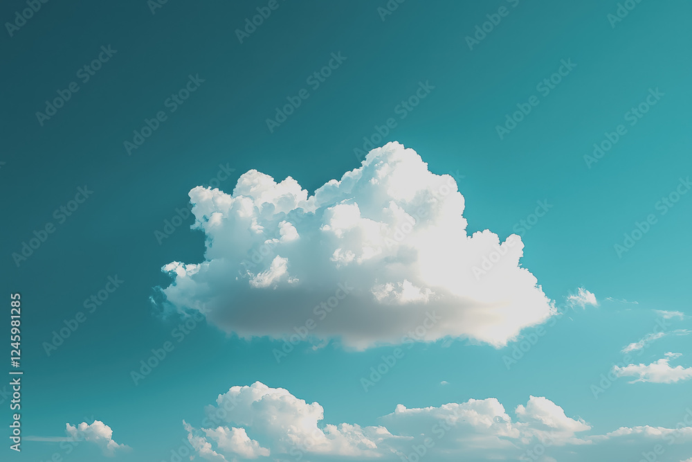 Poster large white cloud floating in a clear blue sky during daytime with sunlight illuminating the scene a
