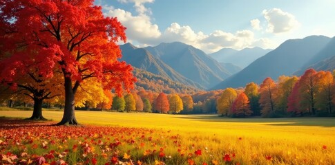Autumn landscape with multicolored maples on yellow ground, color, autumn