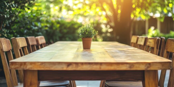 Outdoor dining setup with empty wooden table and chairs surrounded by greenery ideal for text placement and guest invitations
