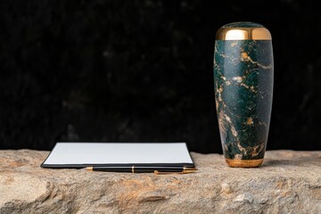 A green and gold urn with a pen and paper on a stone surface.