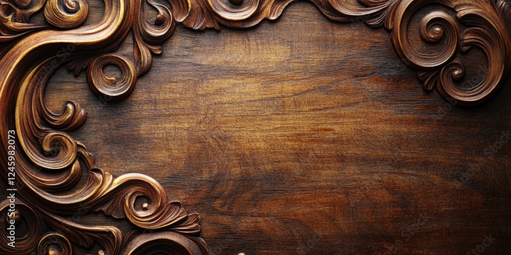 Poster elegant carved wooden frame with intricate swirls and knots on a rich textured background ideal for 