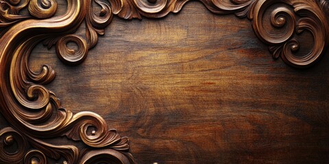 Elegant carved wooden frame with intricate swirls and knots on a rich textured background ideal for showcasing text or graphics