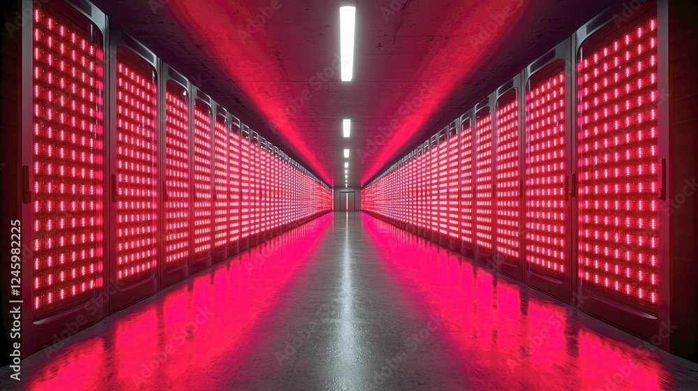 Poster red-lit server room: exploring the heart of digital infrastructure and technological innovation