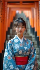 Fototapeta premium A young Asian woman stands gracefully in a beautiful blue kimono adorned with floral patterns, set against the striking orange torii gates of a shrine. The image captures a moment of tranquility and
