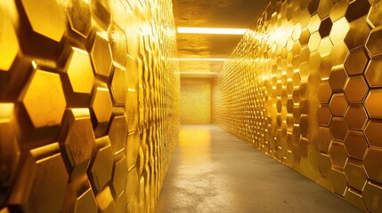 Golden Hexagonal Corridor Walls Interior Design