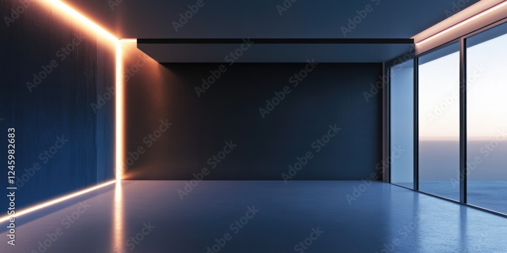 Poster modern empty interior room with neon lighting and large windows offering expansive copy space for te