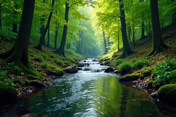 Obraz premium peaceful river flowing through a quiet forest, nature, forest