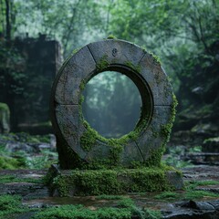 Mystical stone portal covered in moss in a lush forest.