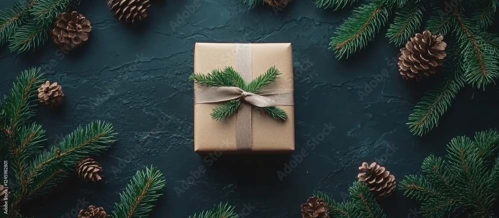 Poster christmas gift box adorned with spruce branches and pine cones on dark background with empty space f