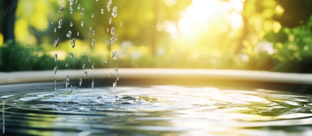 Poster serene flowing water in a park setting with soft sunlight and ample copy space for text placement.