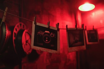 Red lit room with photos drying on a line