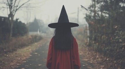 Woman Witch Costume Walks Foggy