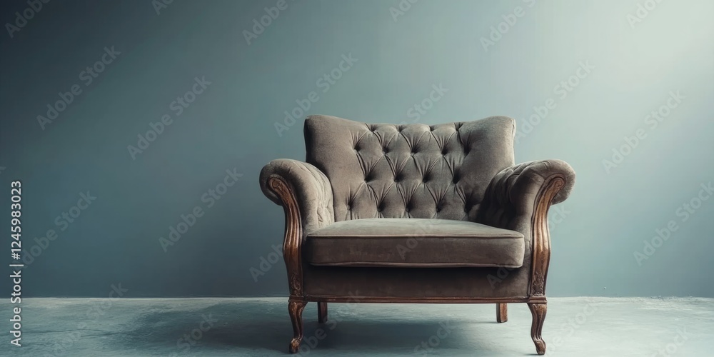 Poster vintage tufted armchair on grey wall background with ample empty space for text or design elements i