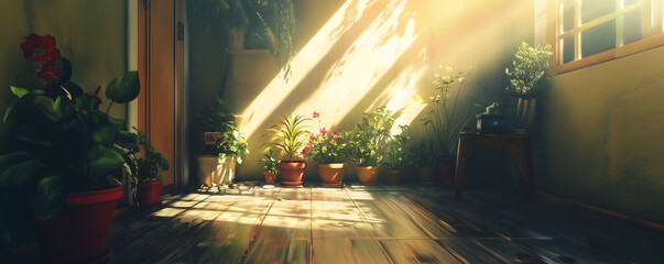 A serene indoor space filled with vibrant plants basking in soft sunlight, creating a tranquil atmosphere. The beautiful play of light and shadow enhances the peaceful environment.