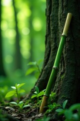 Bamboo stick leaning against a dark tree trunk, green, texture