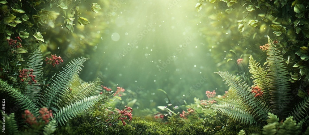 Aufkleber lush green forest background with bokeh effects and sunlight filtering through dense foliage in a tr