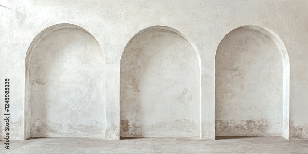 Poster empty vintage room with textured white plaster walls and arched niche spaces ideal for text placemen