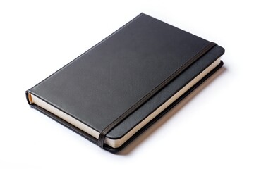 A closed black notebook, isolated on white, perfect for writing.