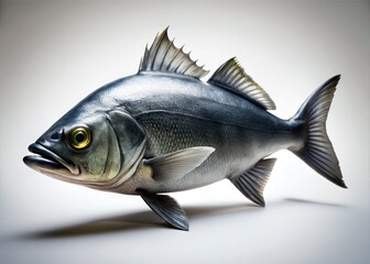 Fototapeta premium A dark gray taxidermied fish, stark against a white backdrop, styled in a creative studio fashion shoot.