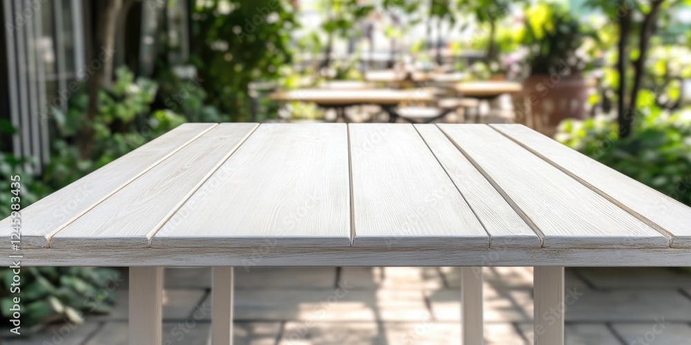 Poster empty white wooden table ready for product display in sunny coffee shop with blurred background and 