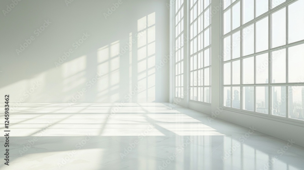 Poster sunlight pours through expansive windows, illuminating the clean, white interior. the interplay of l