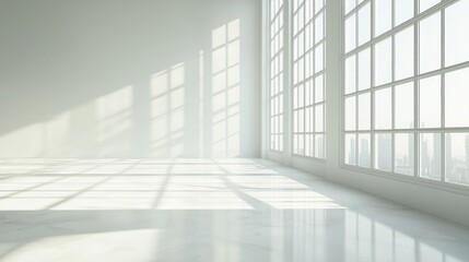 Fototapeta premium Sunlight pours through expansive windows, illuminating the clean, white interior. The interplay of light and shadow creates a tranquil atmosphere in this serene space