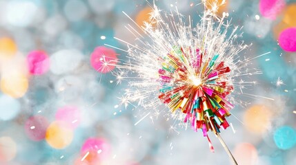Colorful sparkler against bokeh lights, celebration