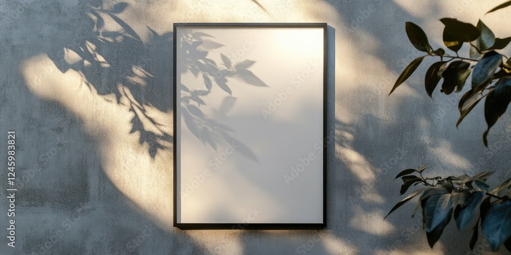 Poster empty vertical poster frame on textured concrete wall with leaf shadows, perfect for showcasing artw
