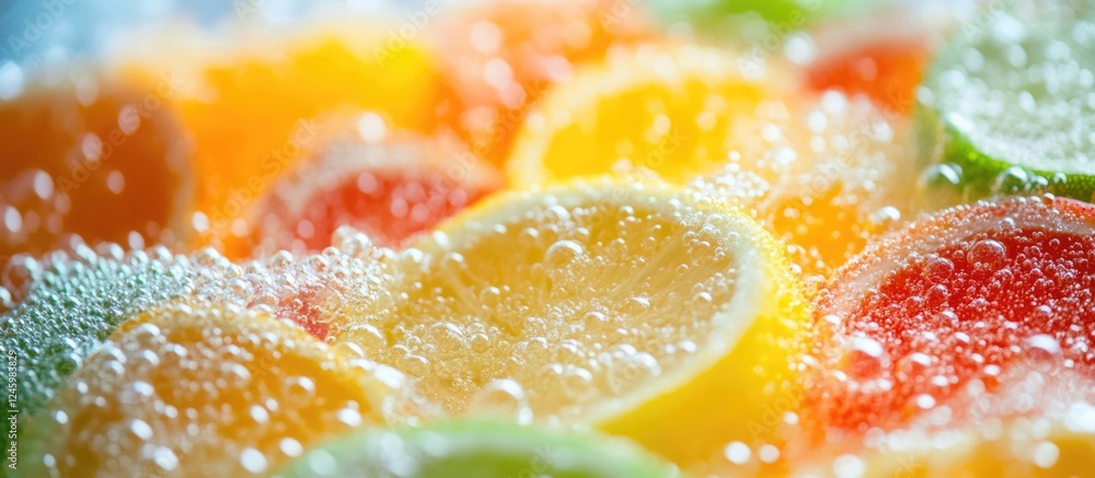 Aufkleber fruit syrup creation for sparkling water with citrus slices and bubbles for text placement