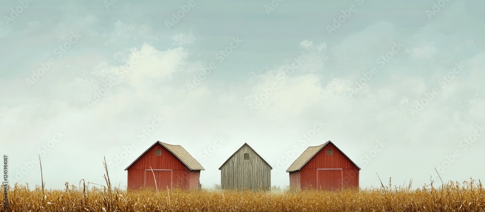 Poster countryside farm scene featuring three rustic barns with vast empty space for text under a serene sk