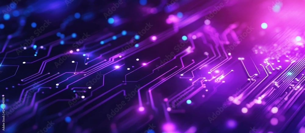 Poster futuristic purple neon led technology background with circuits glowing for stylish designs and adver