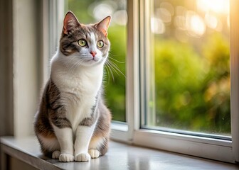 Adorable gray and white kitten peers from a windowsill, a captivating feline portrait.