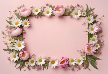 Fototapeta premium Floral Frame Arranged Around the Edges of a Pastel Mint Green Background