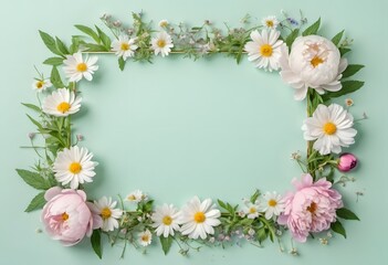 Fototapeta premium Floral Frame Arranged Around the Edges of a Pastel Mint Green Background