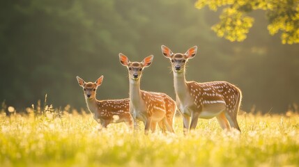 Serene morning scene of fallow deer family bathed in soft light in a vibrant meadow