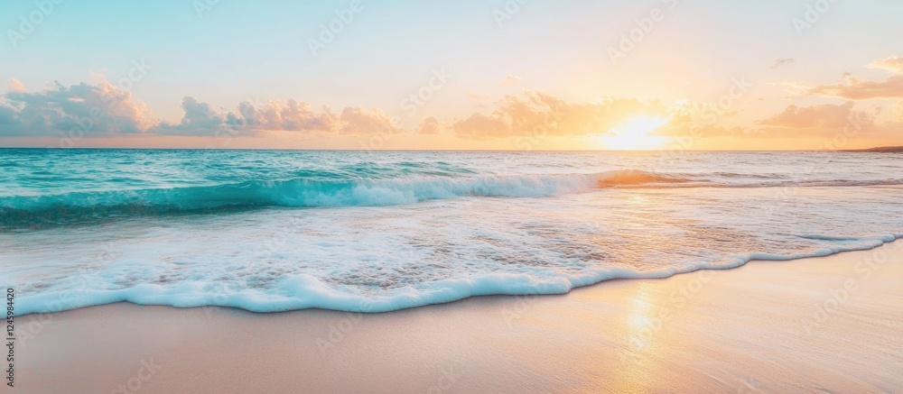 Poster twilight seashore with gentle waves and froth creating a serene atmosphere ideal for text overlay or