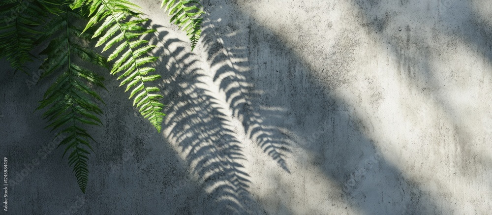 Poster shadows of fern leaves on a textured grey concrete wall creating a serene and natural backdrop for d