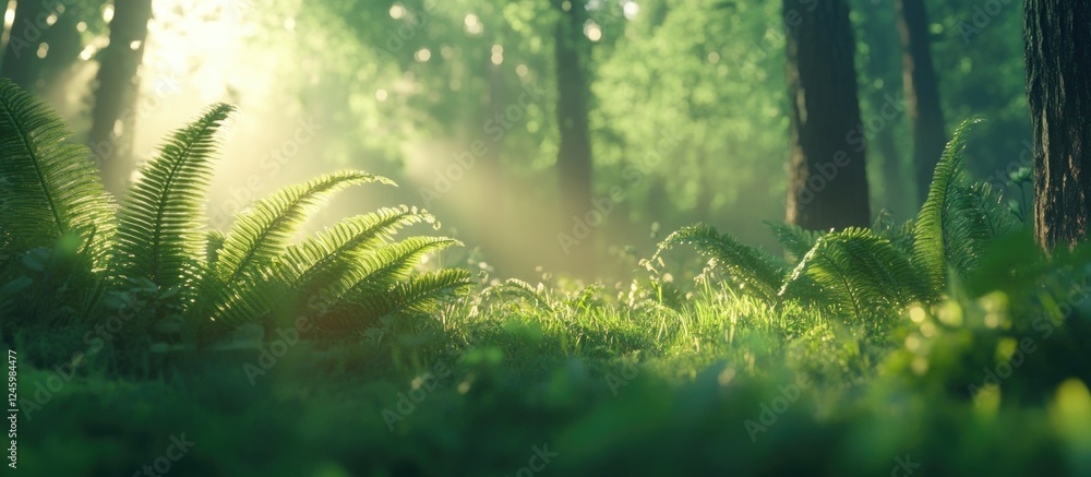 Poster lush green ferns illuminated by soft sunlight in a serene forest setting creating a tranquil natural