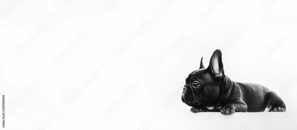 Poster french bulldog lying on white background with ample copy space for custom text and branding
