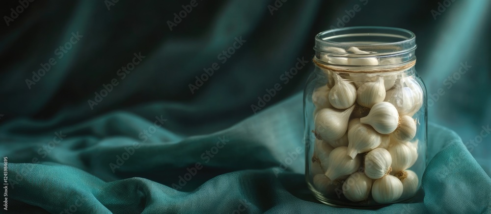 Poster garlic bulbs in glass jar with shallow depth of field on fabric background empty space for text deco