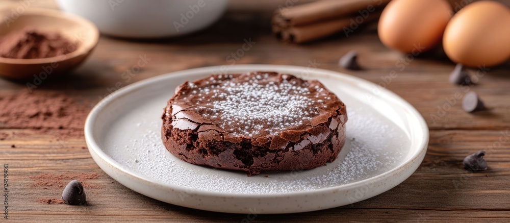 Poster delicious fudgy brownie dusted with powdered sugar on a rustic wooden table with eggs and cocoa powd