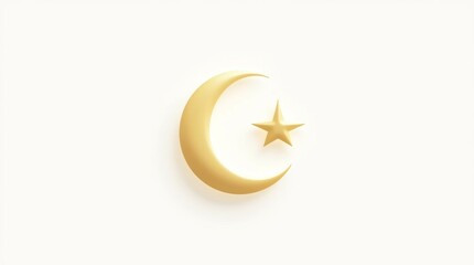 A golden crescent moon and star with a subtle glow, isolated on white background. The design is elegant and minimalistic, symbolizing the beginning of Ramadan and Eid celebrations
